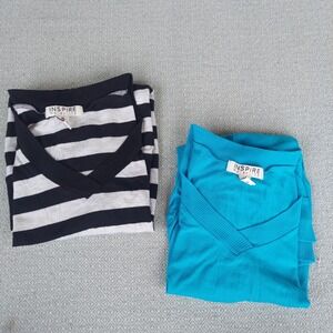 Inspire Maternity Top Women L XL Blue Black White Striped V-Neck Ruched 2 Pack